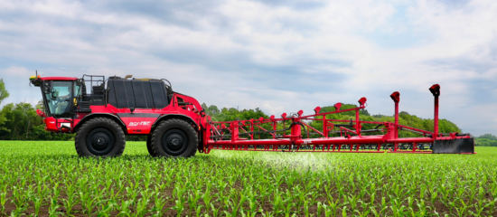 An Agrifac sprayer with camera spot spray system mounted on the boom, showcasing agricultural technology and efficiency.